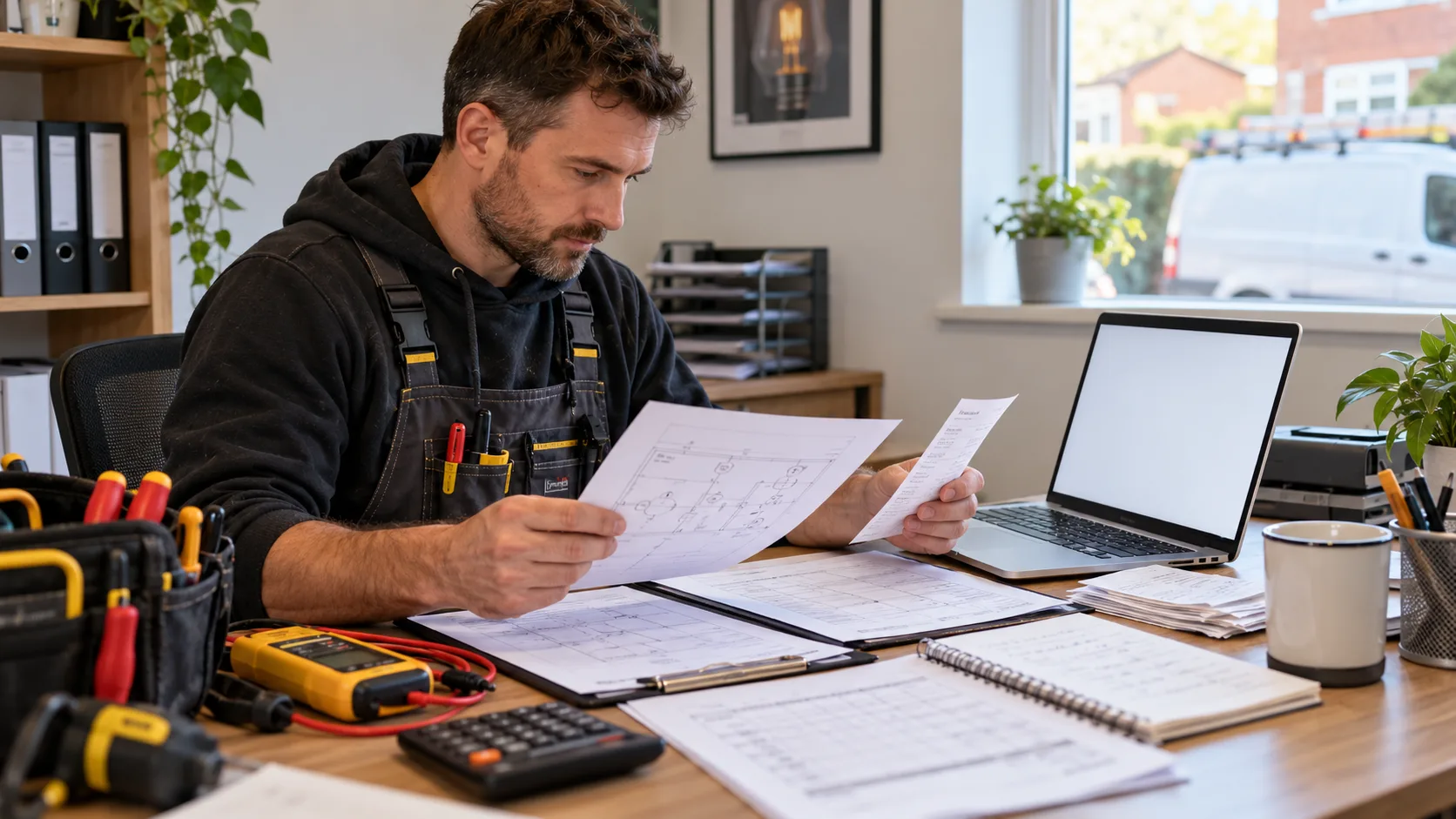 Photorealistic UK trade-business scene illustrating Best Invoicing Software for UK Electricians | TradeJobGuide