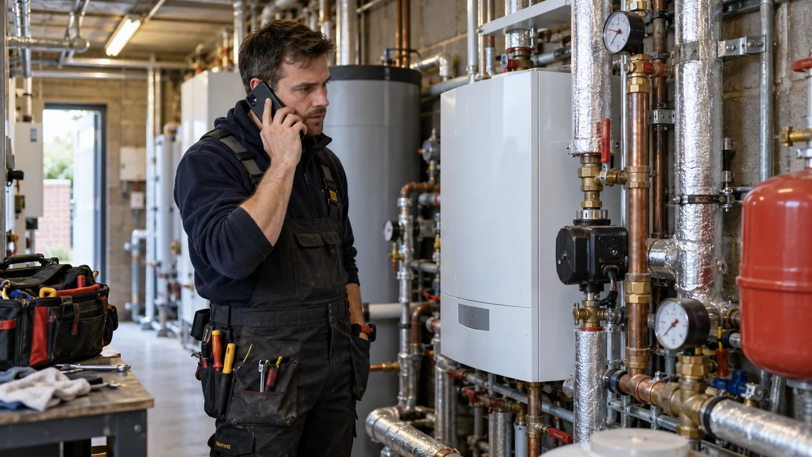 Photorealistic UK trade-business scene illustrating Best Job Management Software for UK HVAC | TradeJobGuide