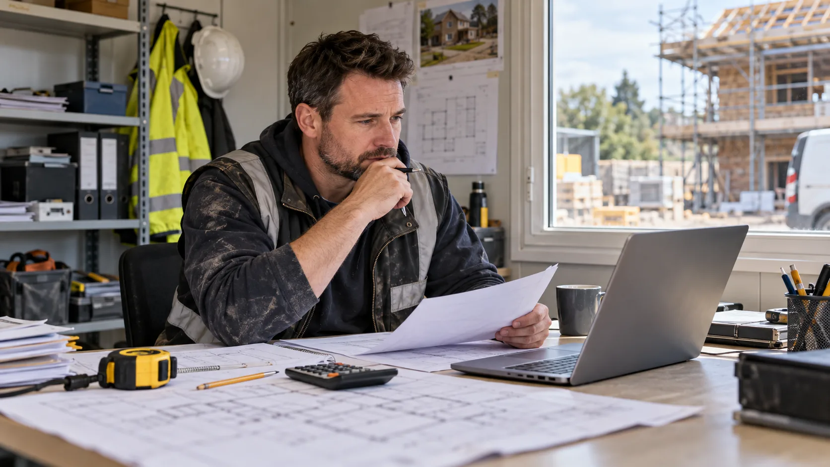 Photorealistic UK trade-business scene illustrating Best Software for Small UK Building Companies | TradeJobGuide
