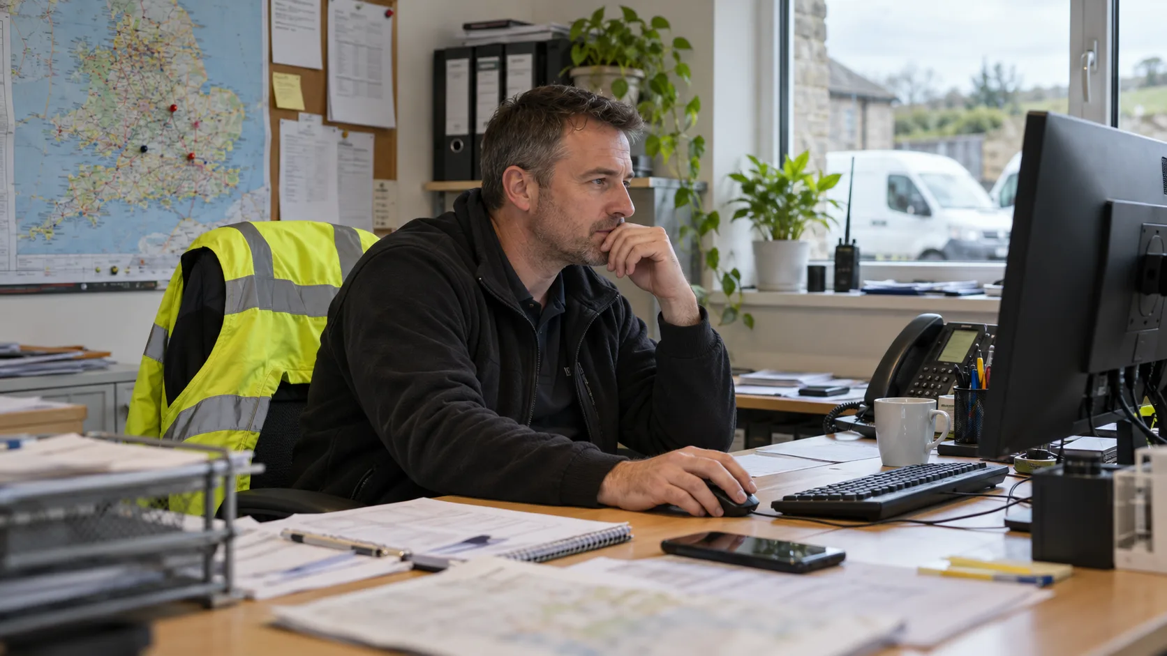 Photorealistic UK trade-business scene illustrating BigChange Review for UK Field-Service Businesses | TradeJobGuide