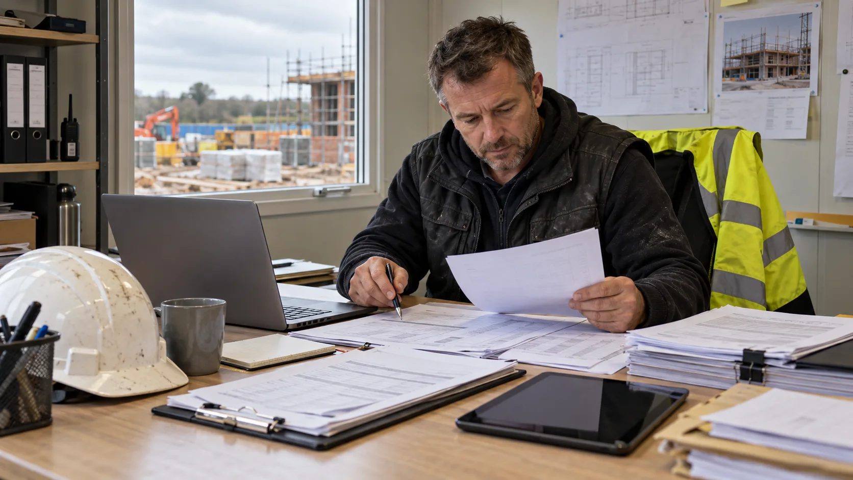 Photorealistic UK trade-business scene illustrating CIS and Job-Management Software for UK Trades | TradeJobGuide