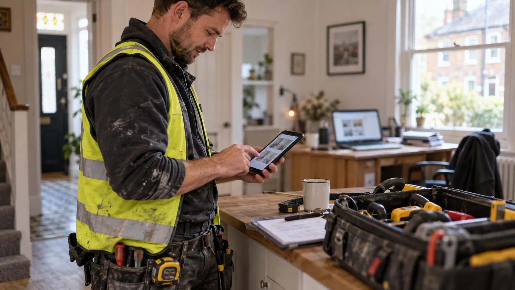 Photorealistic UK trade-business scene illustrating Completed Job to Paid Invoice | TradeJobGuide