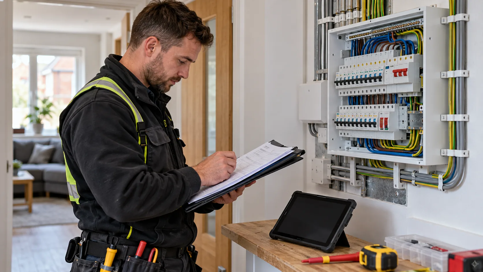 Photorealistic UK trade-business scene illustrating Electrical Software Compliance Limits | TradeJobGuide