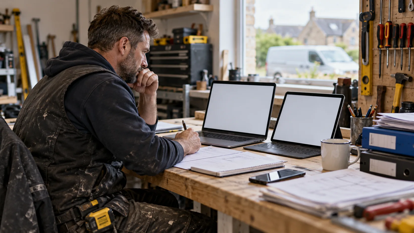 Photorealistic UK trade-business scene illustrating Fergus vs Tradify for UK Tradespeople | TradeJobGuide
