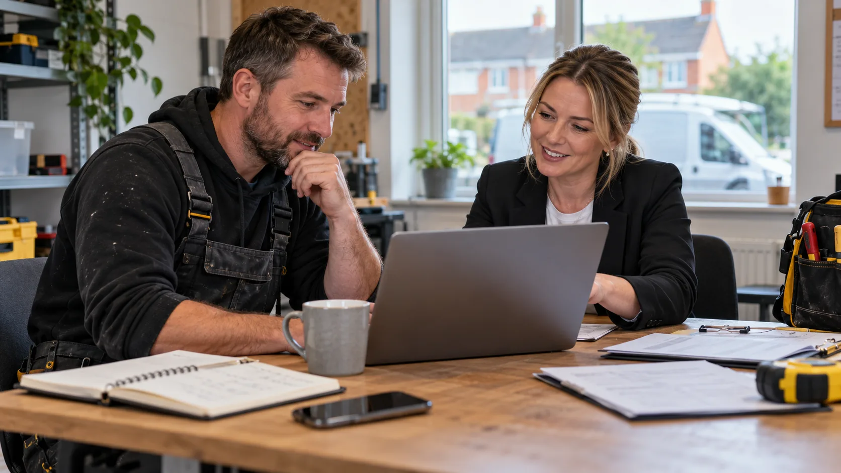 Photorealistic UK trade-business scene illustrating How to Choose Trade Software: Demo Guide | TradeJobGuide