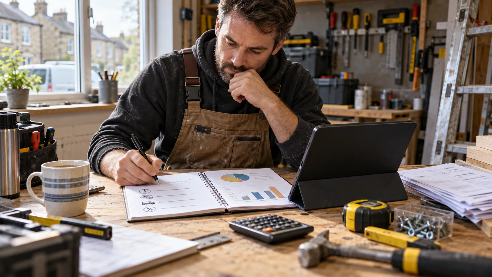 Photorealistic UK trade-business scene illustrating Job Costing for Small UK Trade Businesses | TradeJobGuide