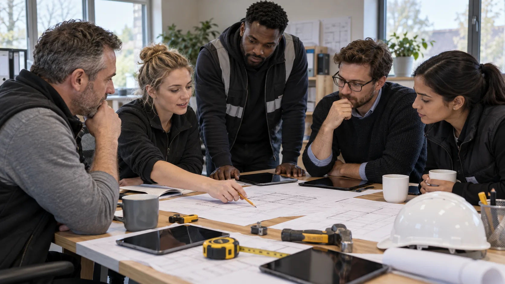 Photorealistic UK trade-business scene illustrating Job-Management Software for a Five-Person Team | TradeJobGuide