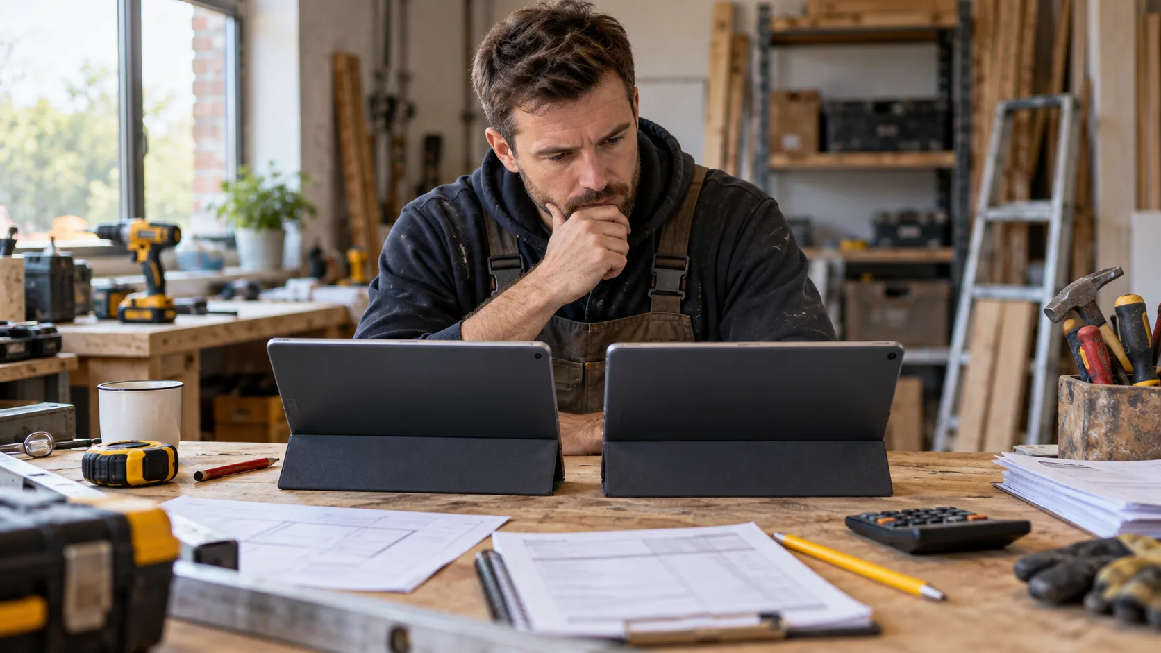 Photorealistic UK trade-business scene illustrating Jobber vs Tradify for UK Tradespeople | TradeJobGuide