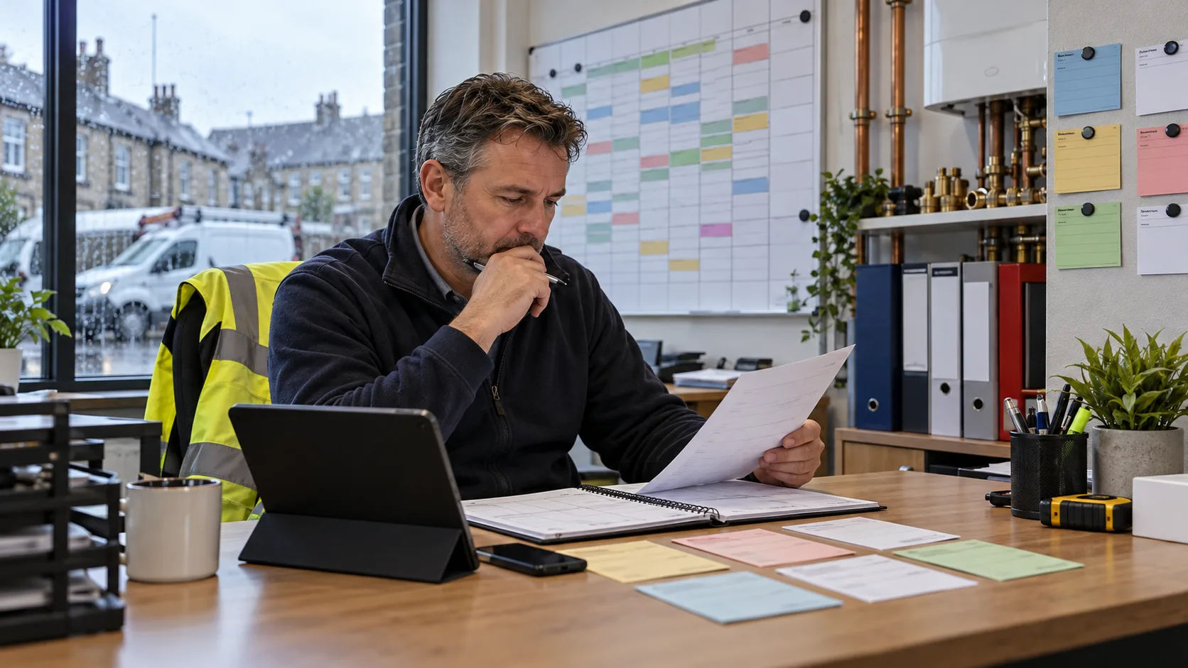 Photorealistic UK trade-business scene illustrating Joblogic Review for UK Field-Service Teams | TradeJobGuide