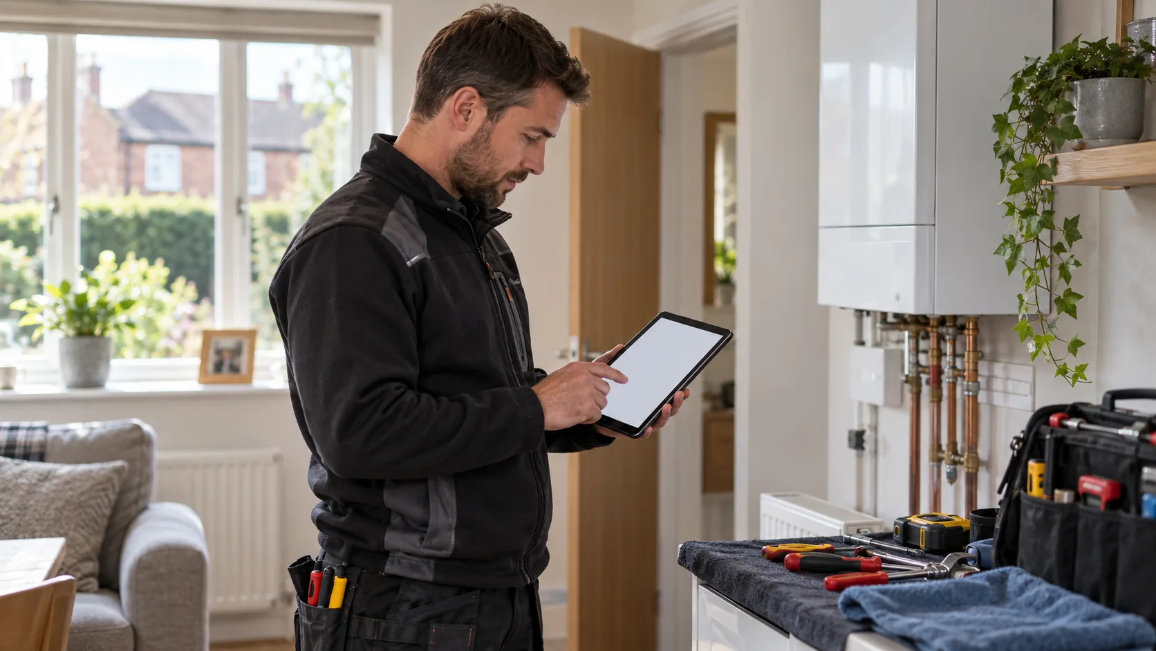Photorealistic UK trade-business scene illustrating Mobile Job Sheets for UK Trades | TradeJobGuide