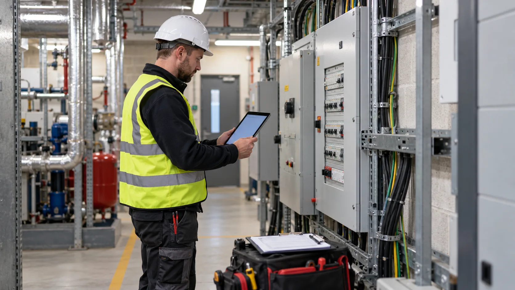 Photorealistic UK trade-business scene illustrating Planned Maintenance Software for UK Electricians | TradeJobGuide