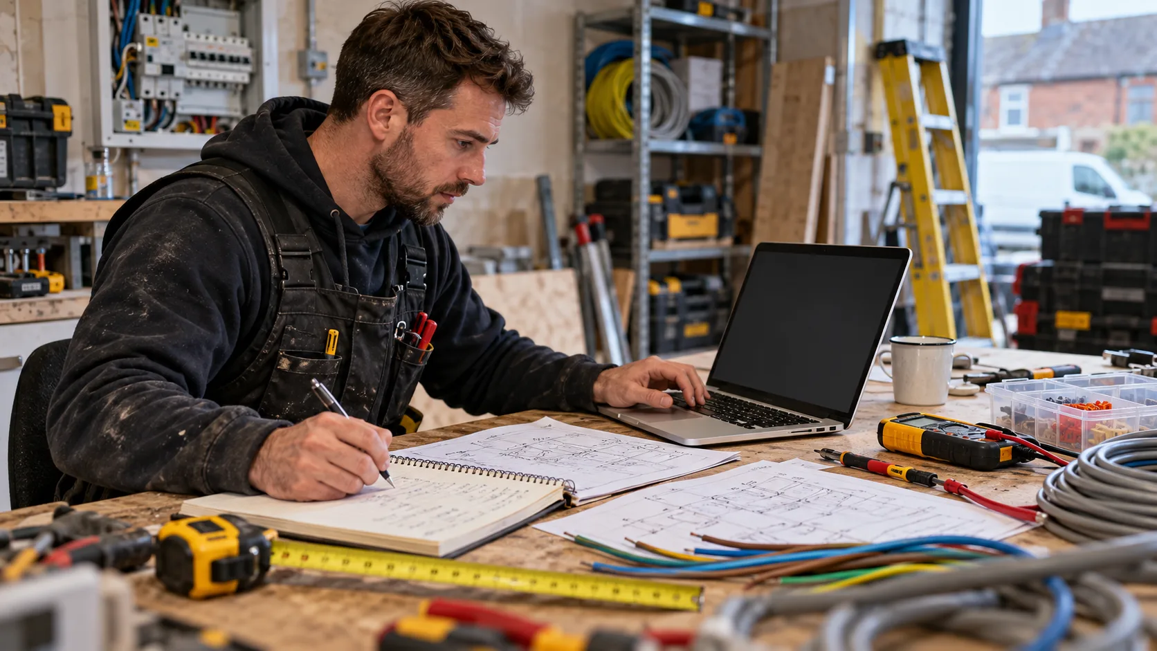 Photorealistic UK trade-business scene illustrating Quoting Software for UK Electrical Contractors | TradeJobGuide