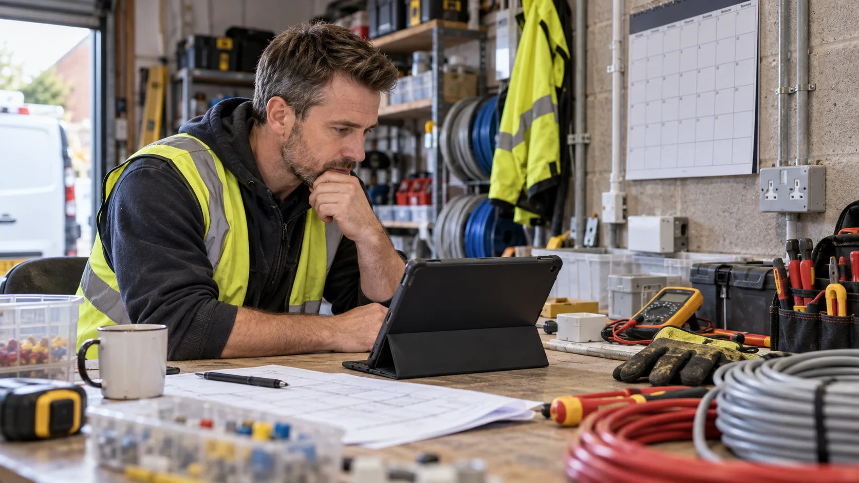 Photorealistic UK trade-business scene illustrating How to Schedule Electricians | TradeJobGuide
