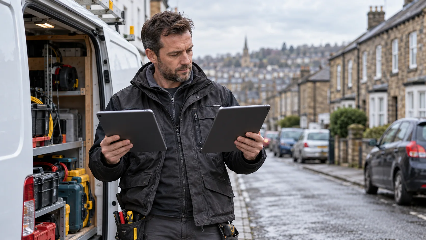 Photorealistic UK trade-business scene illustrating ServiceM8 vs Jobber for UK Trades | TradeJobGuide