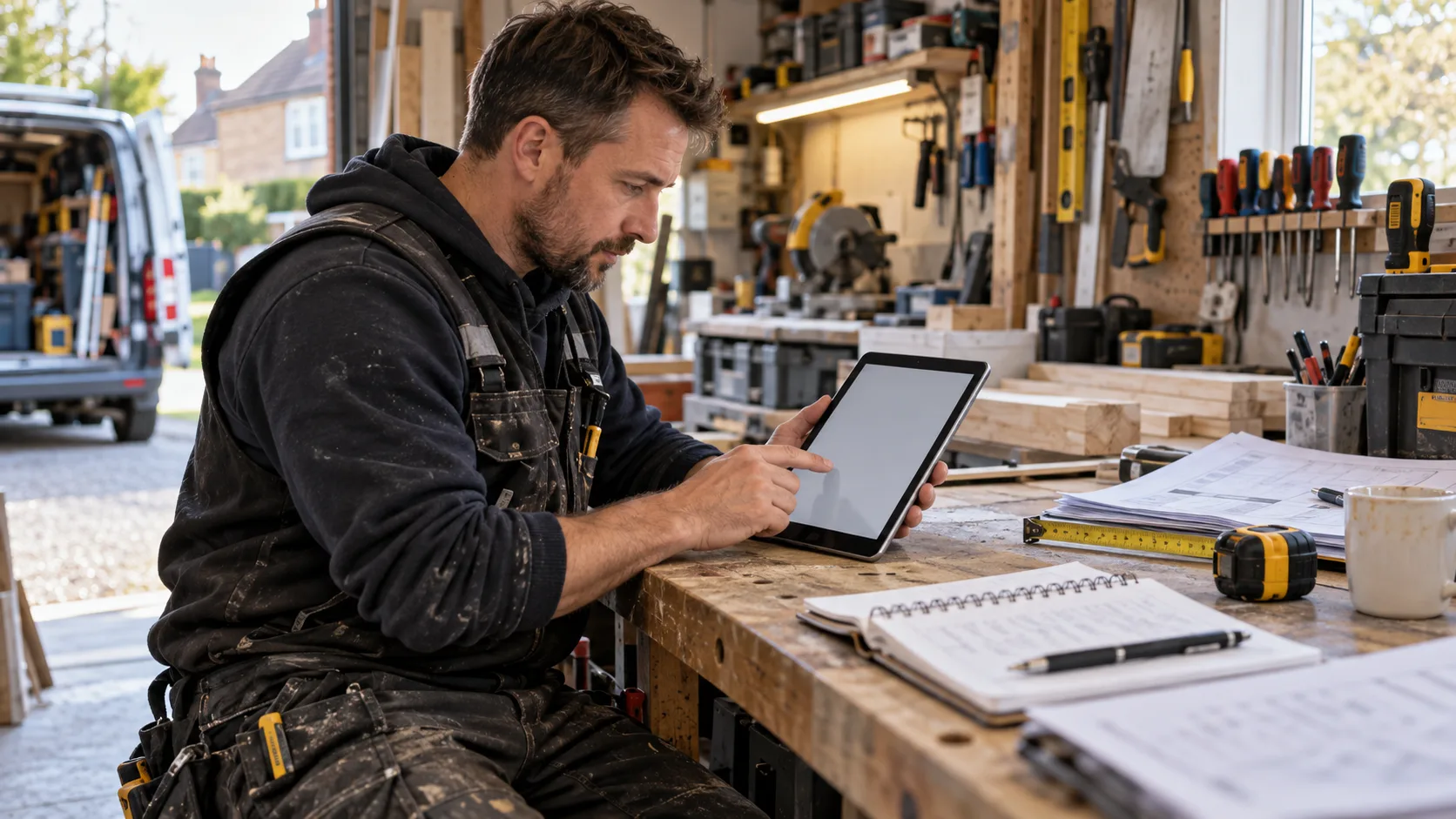 Photorealistic UK trade-business scene illustrating Trade Software Free Trial Checklist | TradeJobGuide