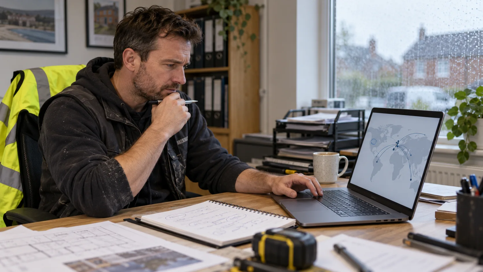 Photorealistic UK trade-business scene illustrating Workiz Review for UK Tradespeople | TradeJobGuide